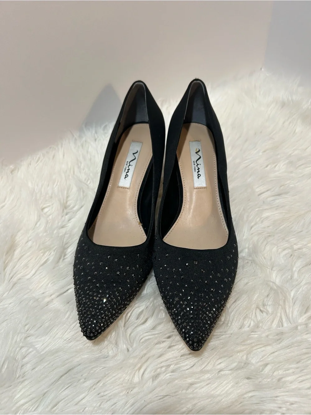 Nina Black Pointed-Toe Crystal-Stud Kitten Heels 7.5
